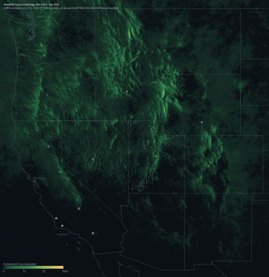 Percent of November 2024 to April 2025 hours with seedable conditions across the western United States: the seedable hours paint the mountain terrain, brightest over the Montana ranges, central Idaho, and the Wasatch-Uinta corridor where Utah's generator network sits